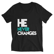 Load image into Gallery viewer, He Never Changes 2 Black Short Sleeve V-Neck T-Shirt
