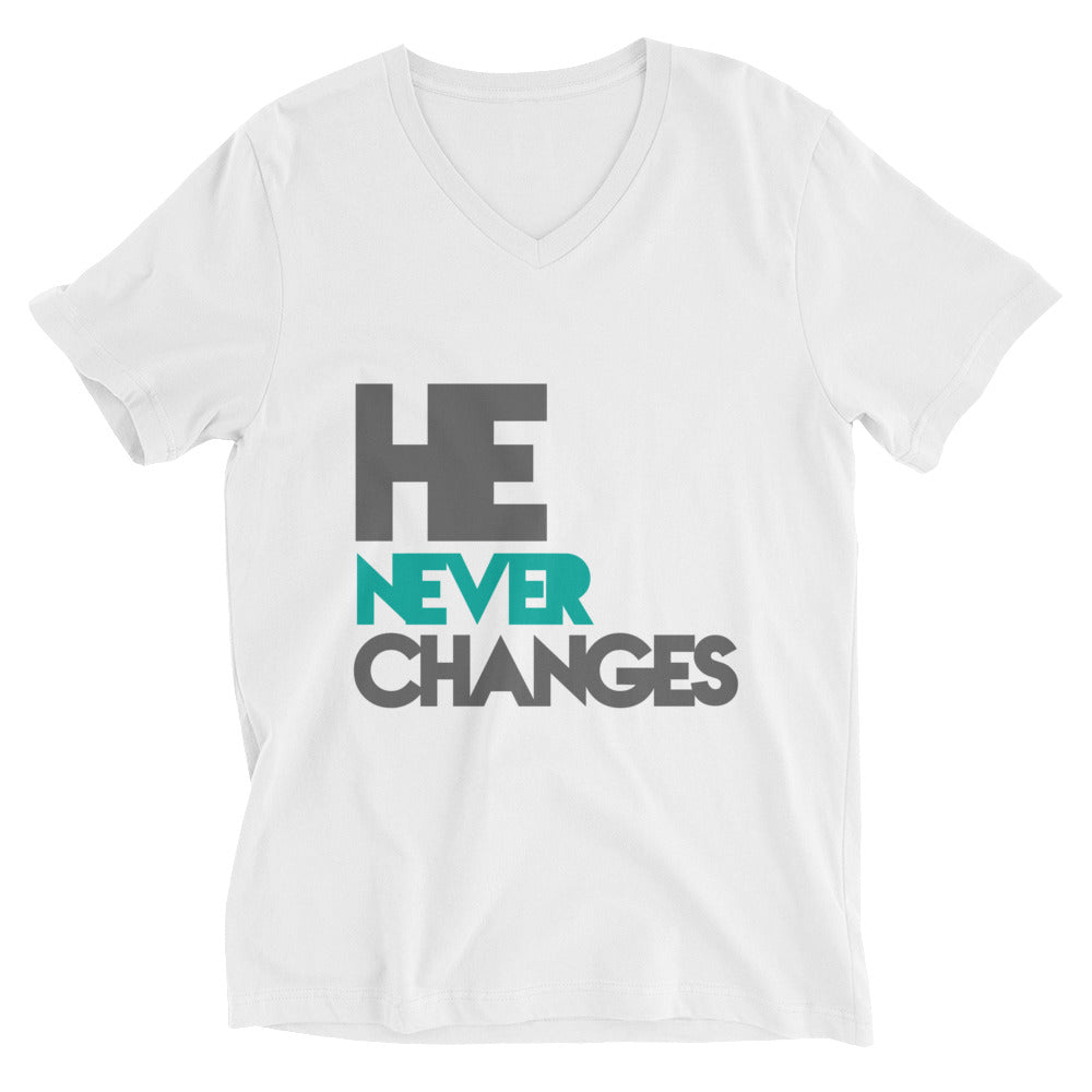 He Never Changes 2 White Short Sleeve V-Neck T-Shirt